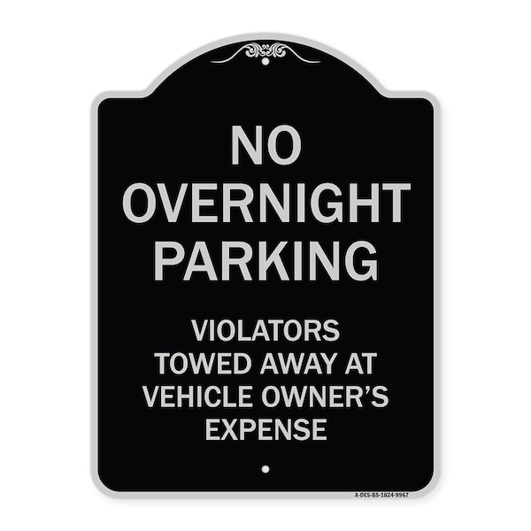 Designer Series-No Overnight Parking, Black & Silver Heavy-Gauge Aluminum, 24" x 18", BS-1824-9967
